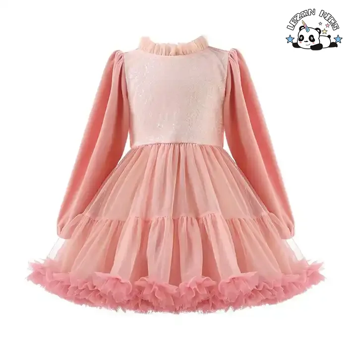 LEZONKIDS - Elegant Washable Pink Dress Long Sleeve Tulle Dress for Girls